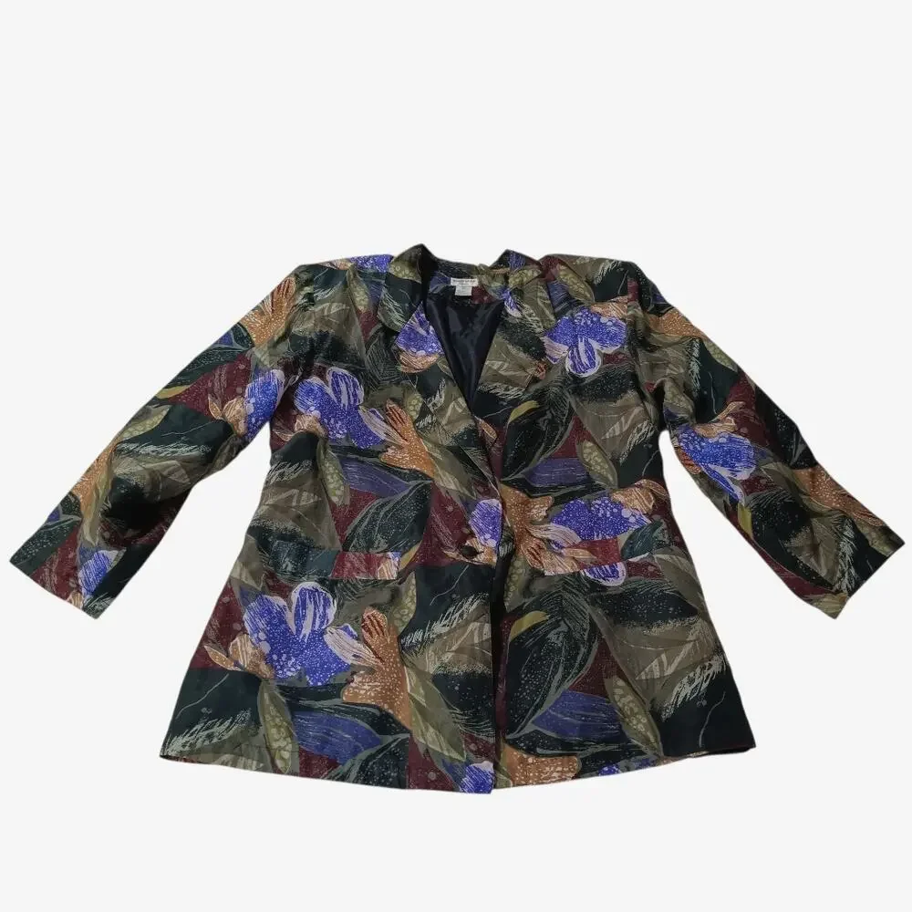 VINTAGE 80s‎ 90s Floral Silk Jacket Blazer M Artsy Tropical Career Office Work